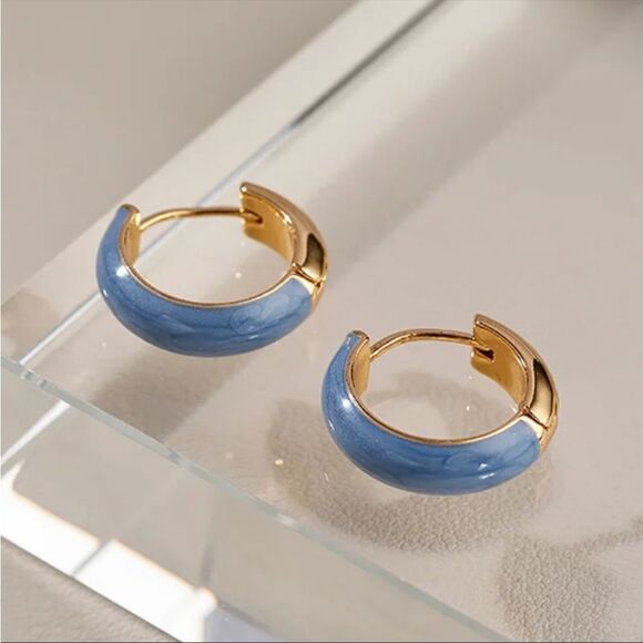 #23 Blue Enamel Hoop Earrings - Picture 1 of 6